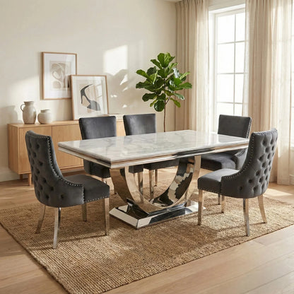 Luxury Urban 1.8m White Marble Dining Set Chrome U-Base Table With Oskar Dark Grey Velvet Chairs