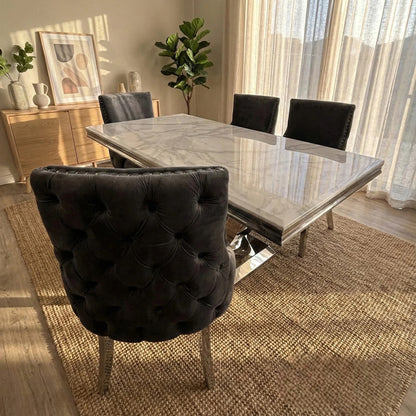 Luxury Urban 1.8m White Marble Dining Set Chrome U-Base Table With Oskar Dark Grey Velvet Chairs