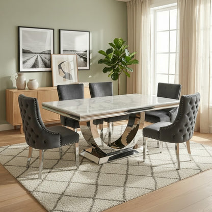 Luxury Urban 1.8m White Marble Dining Set Chrome U-Base Table With Oskar Dark Grey Velvet Chairs