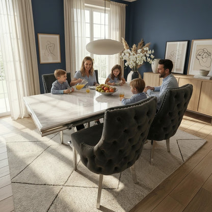 Luxury Urban 1.8m White Marble Dining Set Chrome U-Base Table With Oskar Dark Grey Velvet Chairs