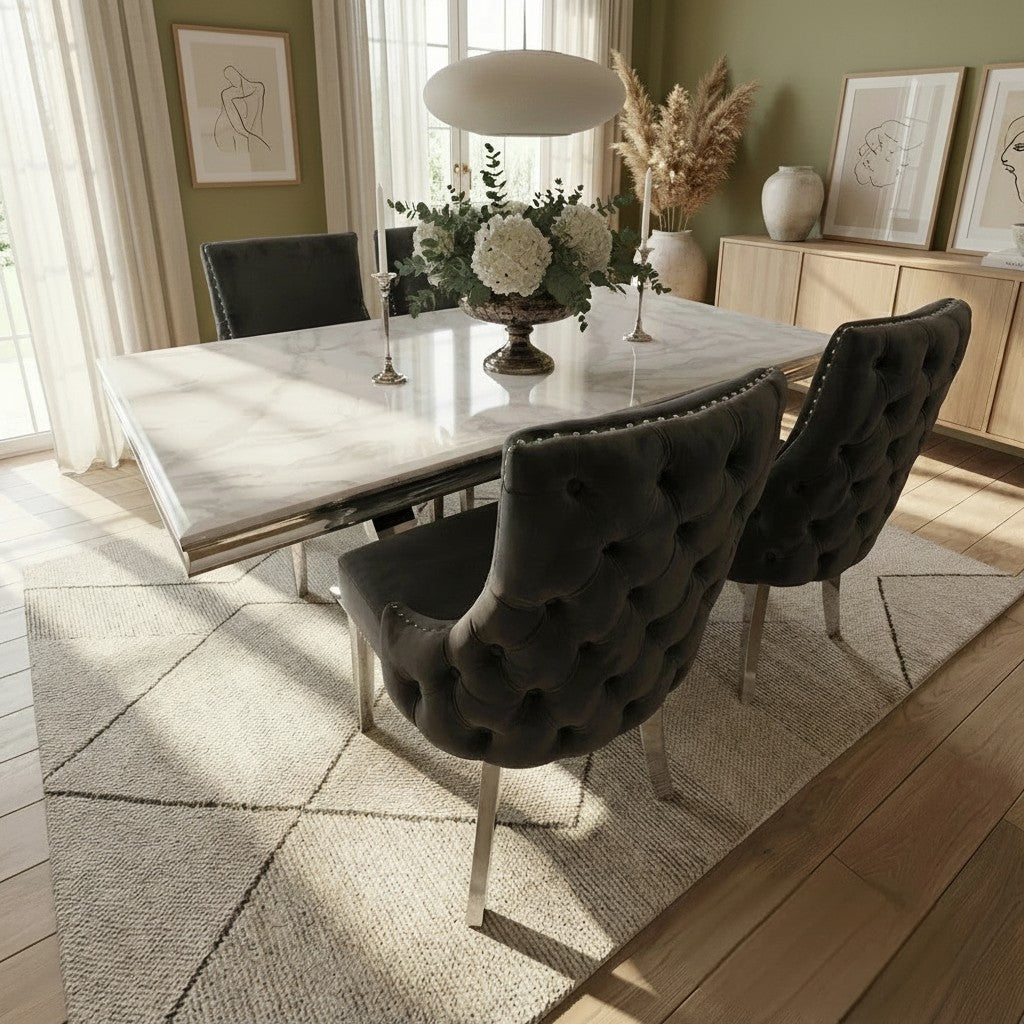 Luxury Urban 1.8m White Marble Dining Set Chrome U-Base Table With Oskar Dark Grey Velvet Chairs