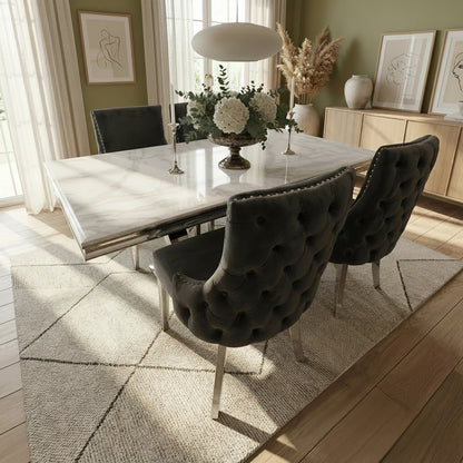 Luxury Urban 1.8m White Marble Dining Set Chrome U-Base Table With Oskar Dark Grey Velvet Chairs