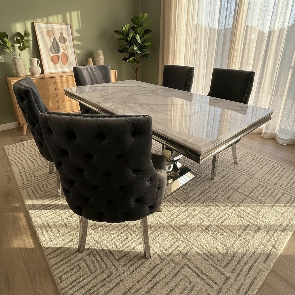 Luxury Urban 1.8m White Marble Dining Set Chrome U-Base Table With Oskar Dark Grey Velvet Chairs