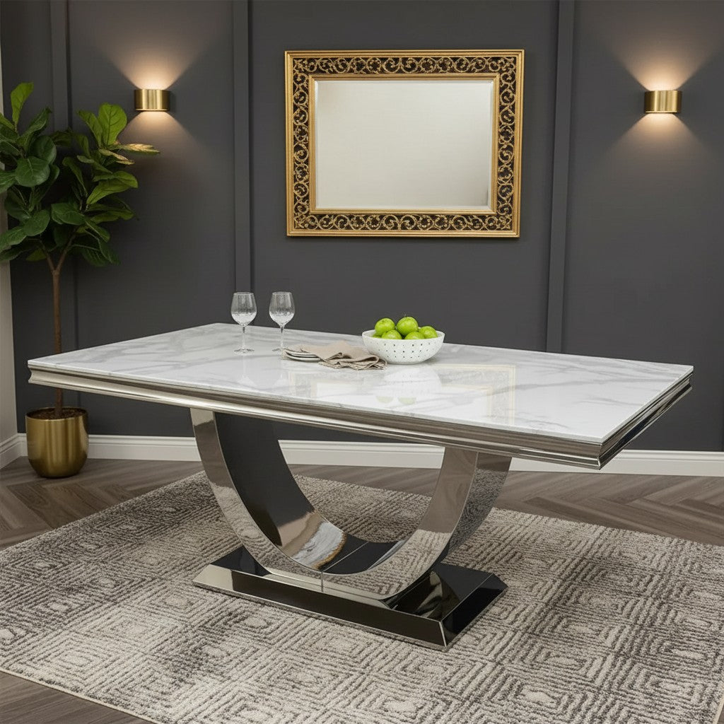 Luxury Urban 1.8m White Marble Dining Set Chrome U-Base Table With Oskar Dark Grey Velvet Chairs