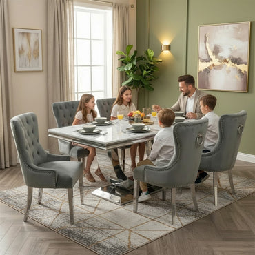 Luxury  Urban 1.8m White Marble Dining Set Chrome U Base Table With Megan Dark Grey Velvet Chairs