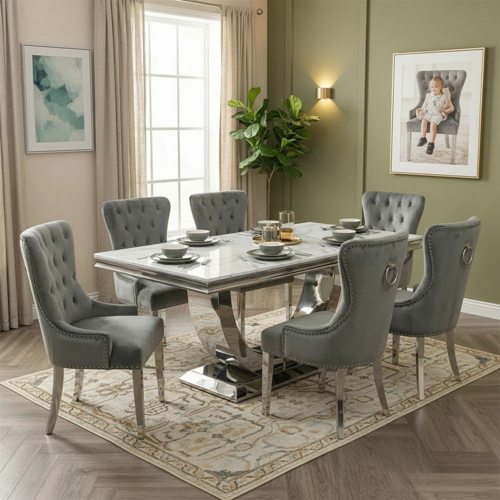 Luxury  Urban 1.8m White Marble Dining Set Chrome U Base Table With Megan Dark Grey Velvet Chairs