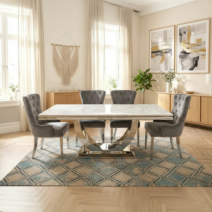 Luxury  Urban 1.8m White Marble Dining Set Chrome U Base Table With Megan Dark Grey Velvet Chairs