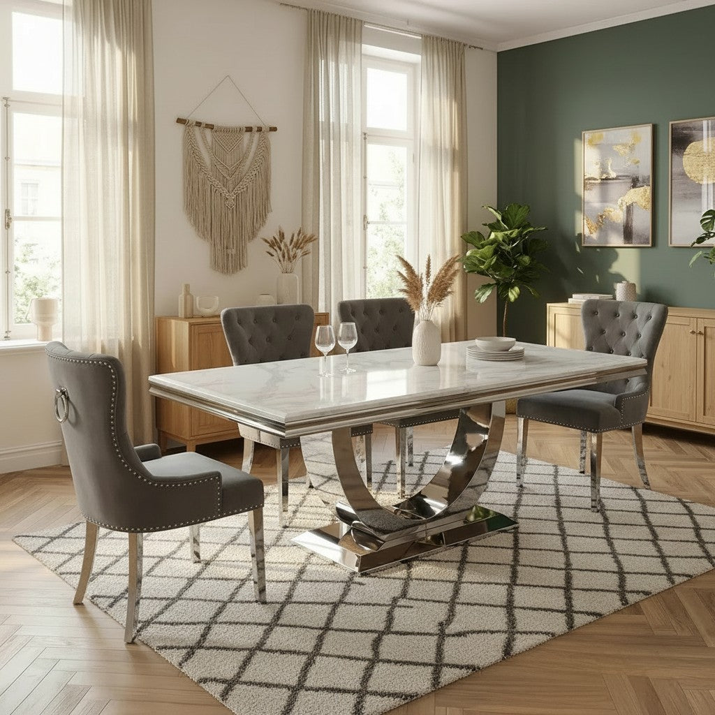 Luxury  Urban 1.8m White Marble Dining Set Chrome U Base Table With Megan Dark Grey Velvet Chairs