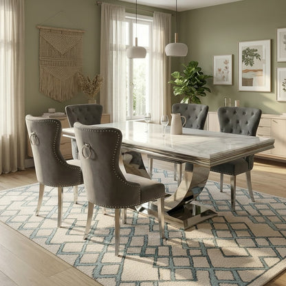 Luxury  Urban 1.8m White Marble Dining Set Chrome U Base Table With Megan Dark Grey Velvet Chairs