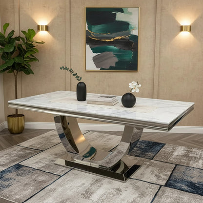 Luxury  Urban 1.8m White Marble Dining Set Chrome U Base Table With Megan Dark Grey Velvet Chairs