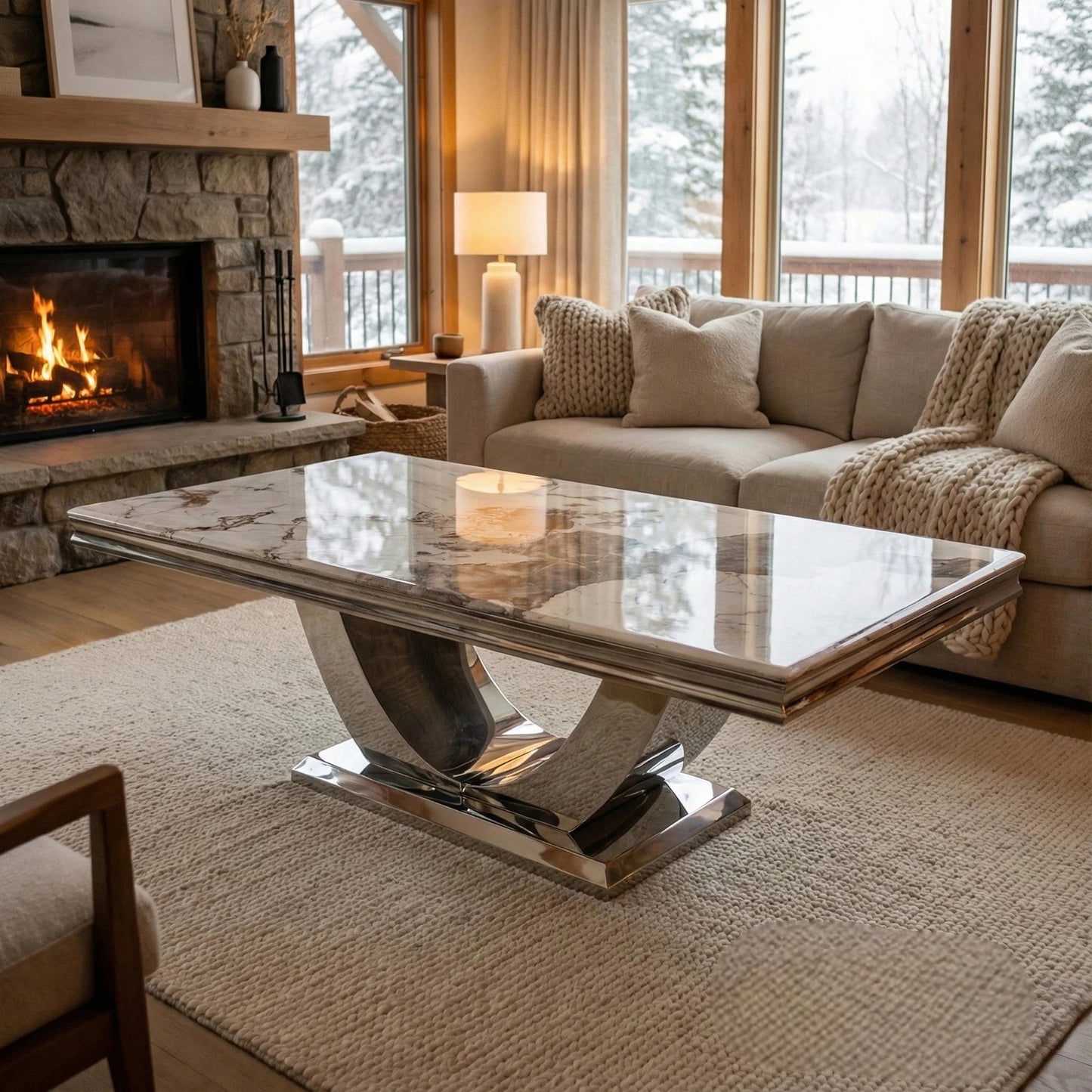 Luxury Urban 130cm Chrome Coffee Table With Cream/Beige Marble Top And U Stand Design