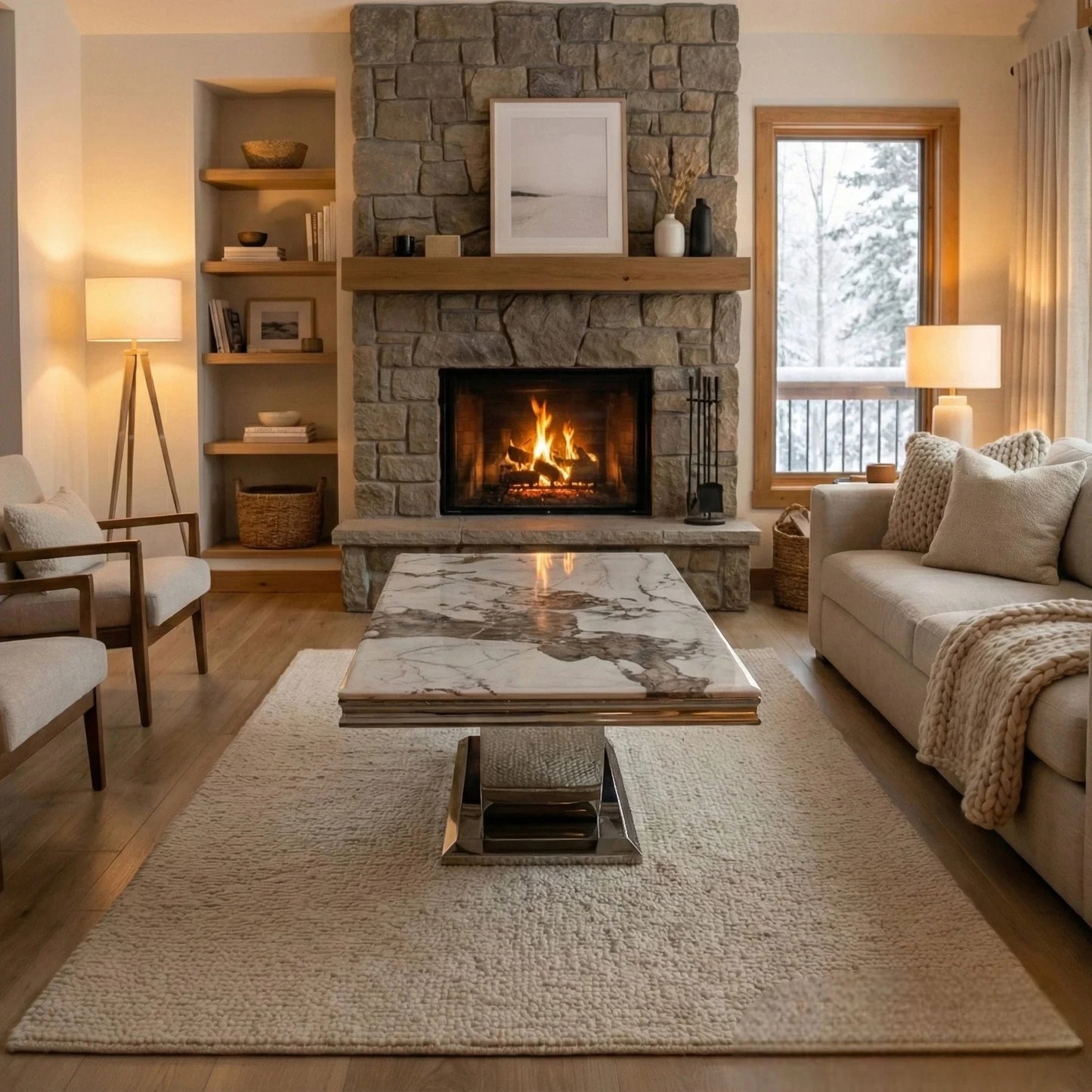 Luxury Urban 130cm Chrome Coffee Table With Cream/Beige Marble Top And U Stand Design