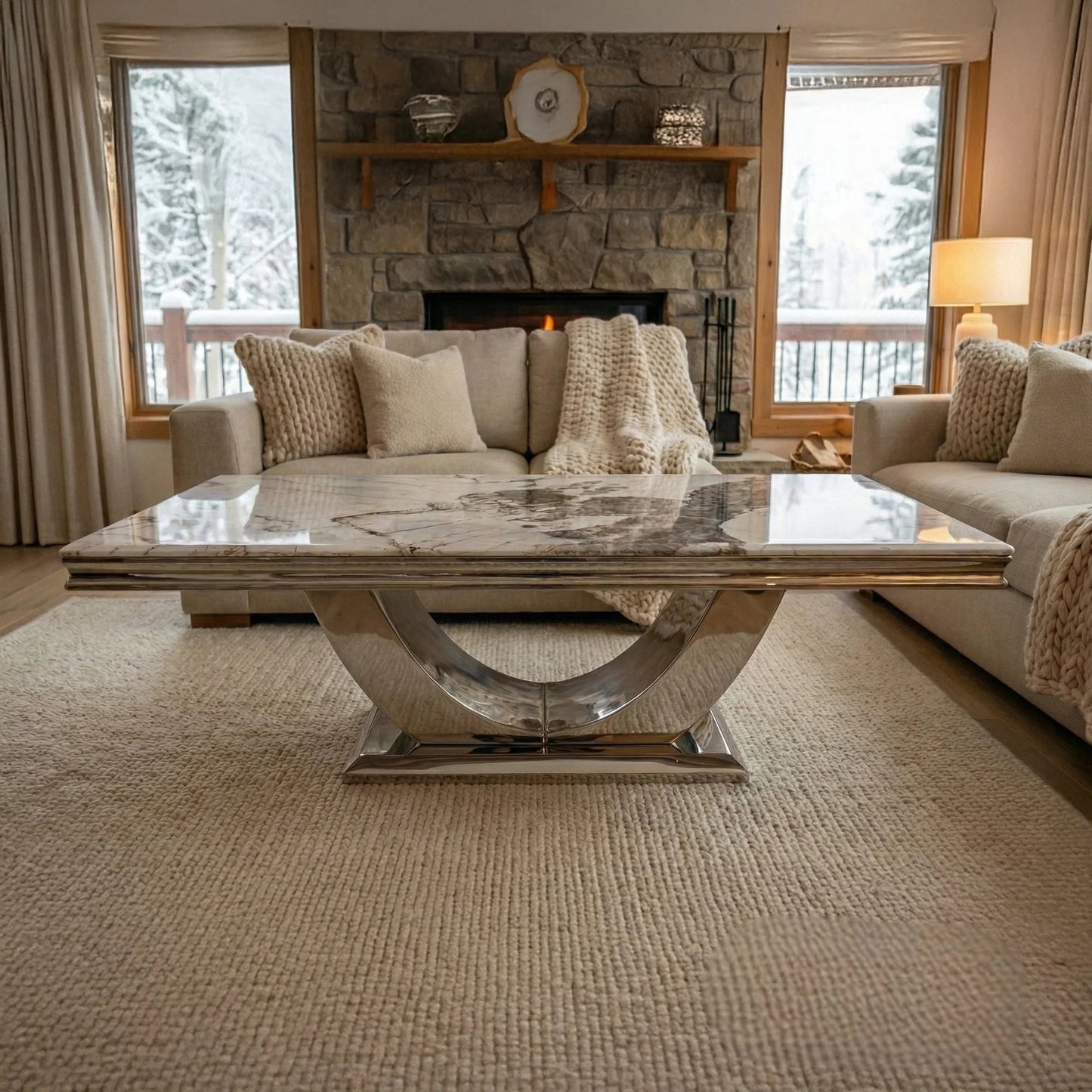 Luxury Urban 130cm Chrome Coffee Table With Cream/Beige Marble Top And U Stand Design