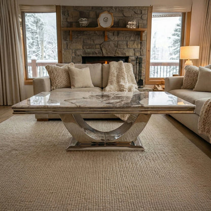 Luxury Urban 130cm Chrome Coffee Table With Cream/Beige Marble Top And U Stand Design