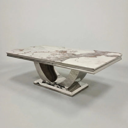 Luxury Urban 130cm Chrome Coffee Table With Cream/Beige Marble Top And U Stand Design