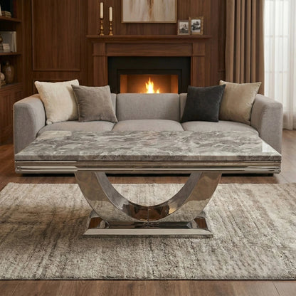 Luxury Urban 130cm Chrome Coffee Table With Light Grey Marble Top And U Stand Design