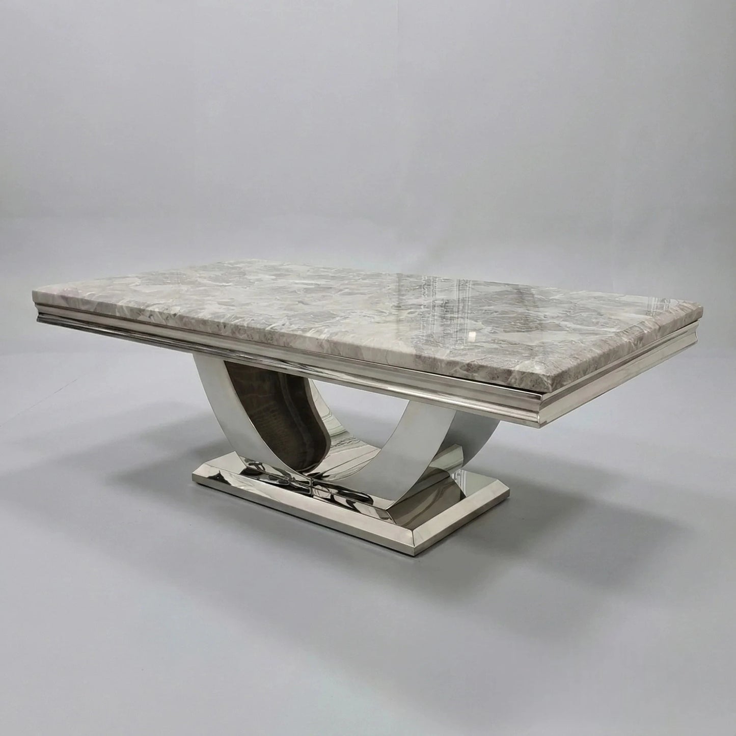 Luxury Urban 130cm Chrome Coffee Table With Light Grey Marble Top And U Stand Design