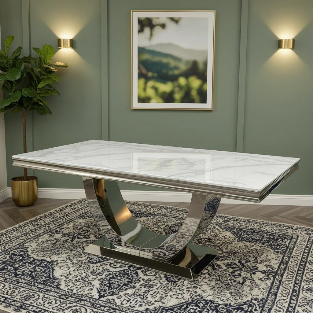 Luxury Urban 180cm Marble Dining Table With Chrome U Base