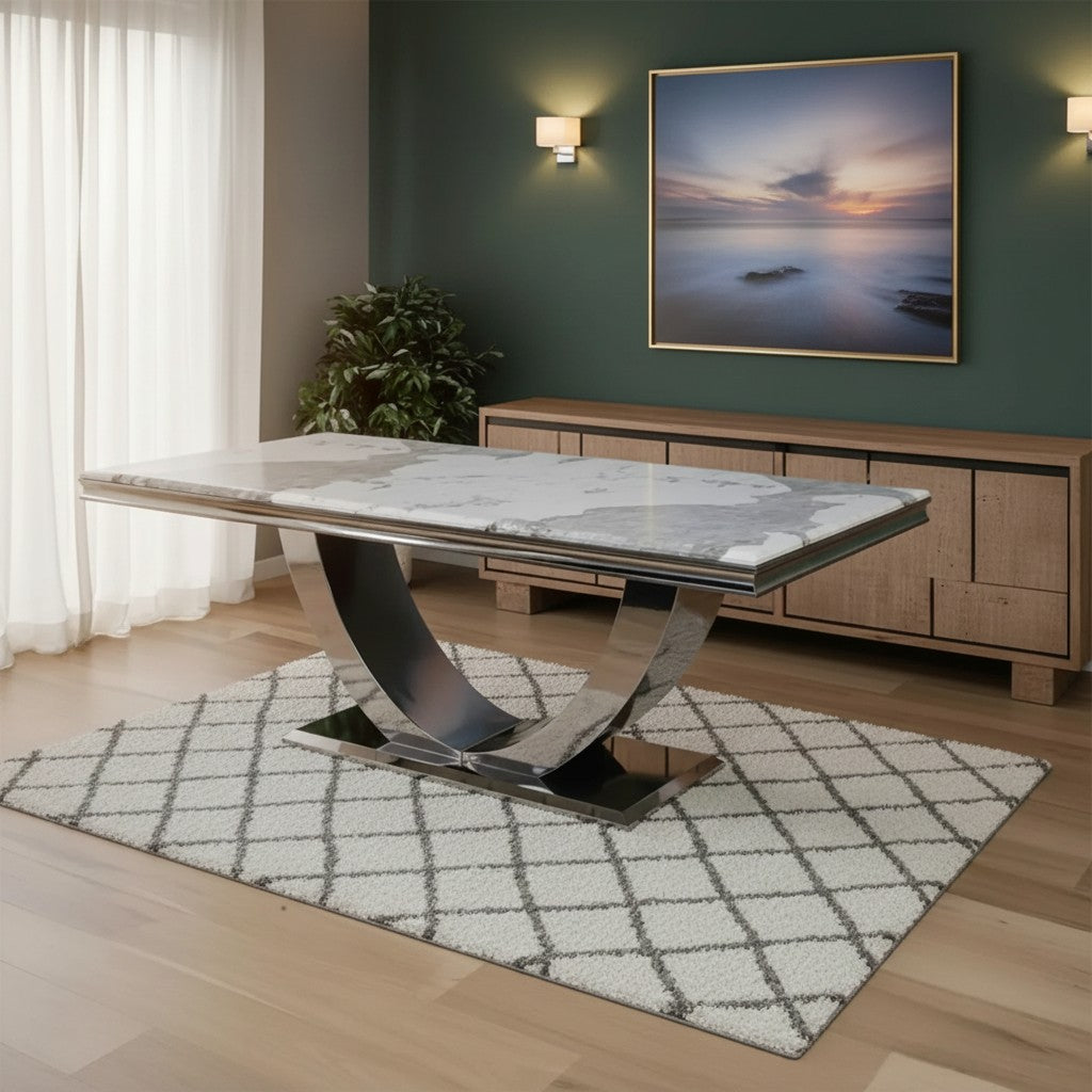 Luxury Urban 180cm Marble Dining Table With Chrome U Base