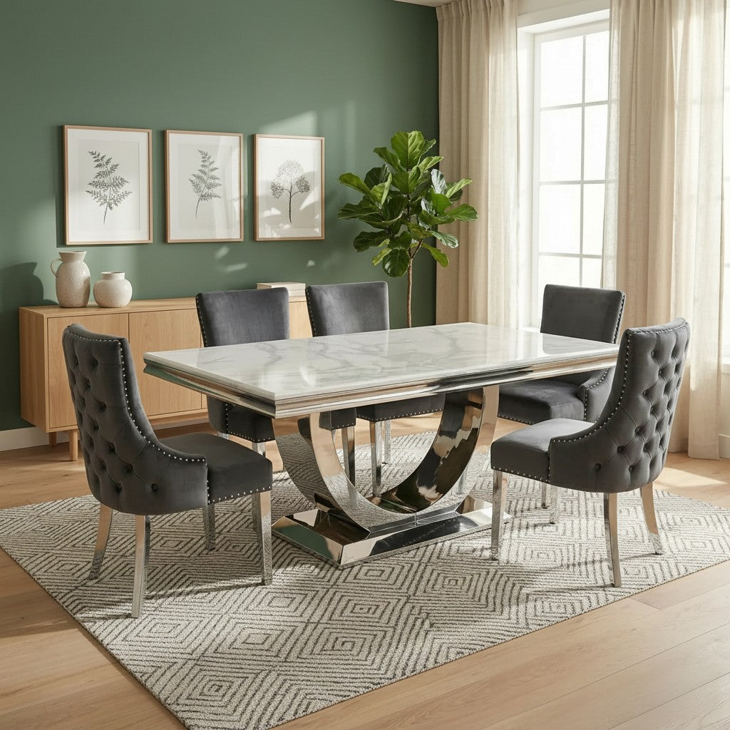 Luxury Urban 180cm Marble Dining Table With Chrome U Base