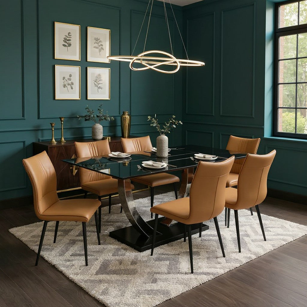 Luxury Valdemar 1.6m Black Sintered Stone Dining Set Chrome Pedestal Base With Folke Tan Leather Chairs