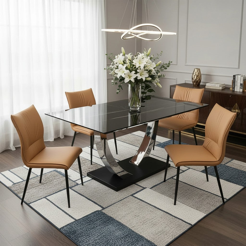 Luxury Valdemar 1.6m Black Sintered Stone Dining Set Chrome Pedestal Base With Folke Tan Leather Chairs