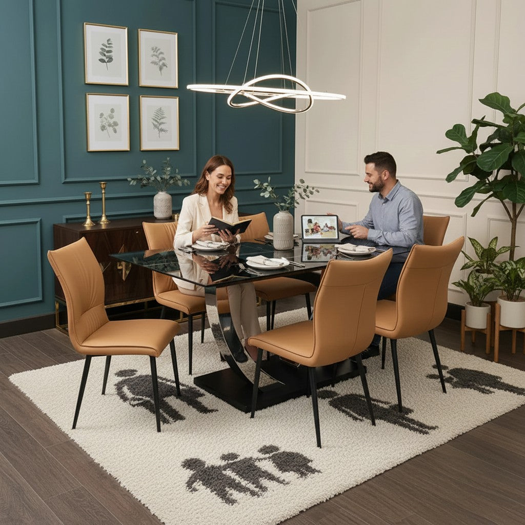 Luxury Valdemar 1.6m Black Sintered Stone Dining Set Chrome Pedestal Base With Folke Tan Leather Chairs