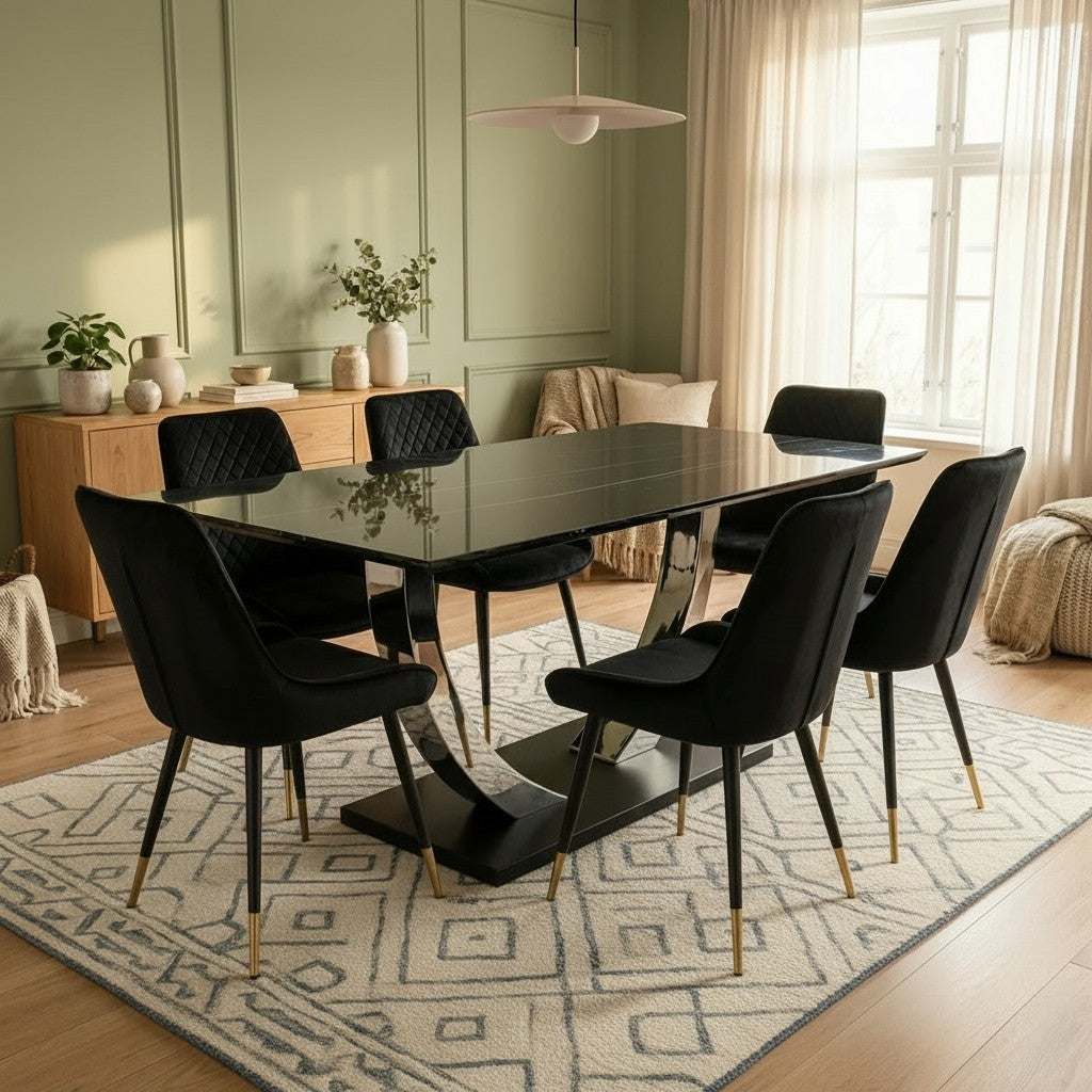 Luxury Valdemar 1.6m Black Sintered Stone Dining Set Chrome Pedestal Base With Lyder Velvet Chairs