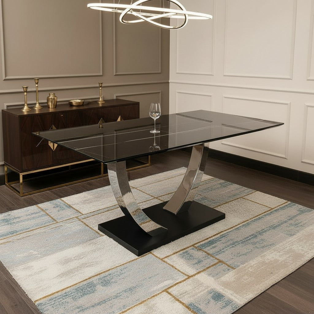 Luxury Valdemar 1.6m Black Sintered Stone Dining Set Chrome Pedestal Base With Lyder Velvet Chairs