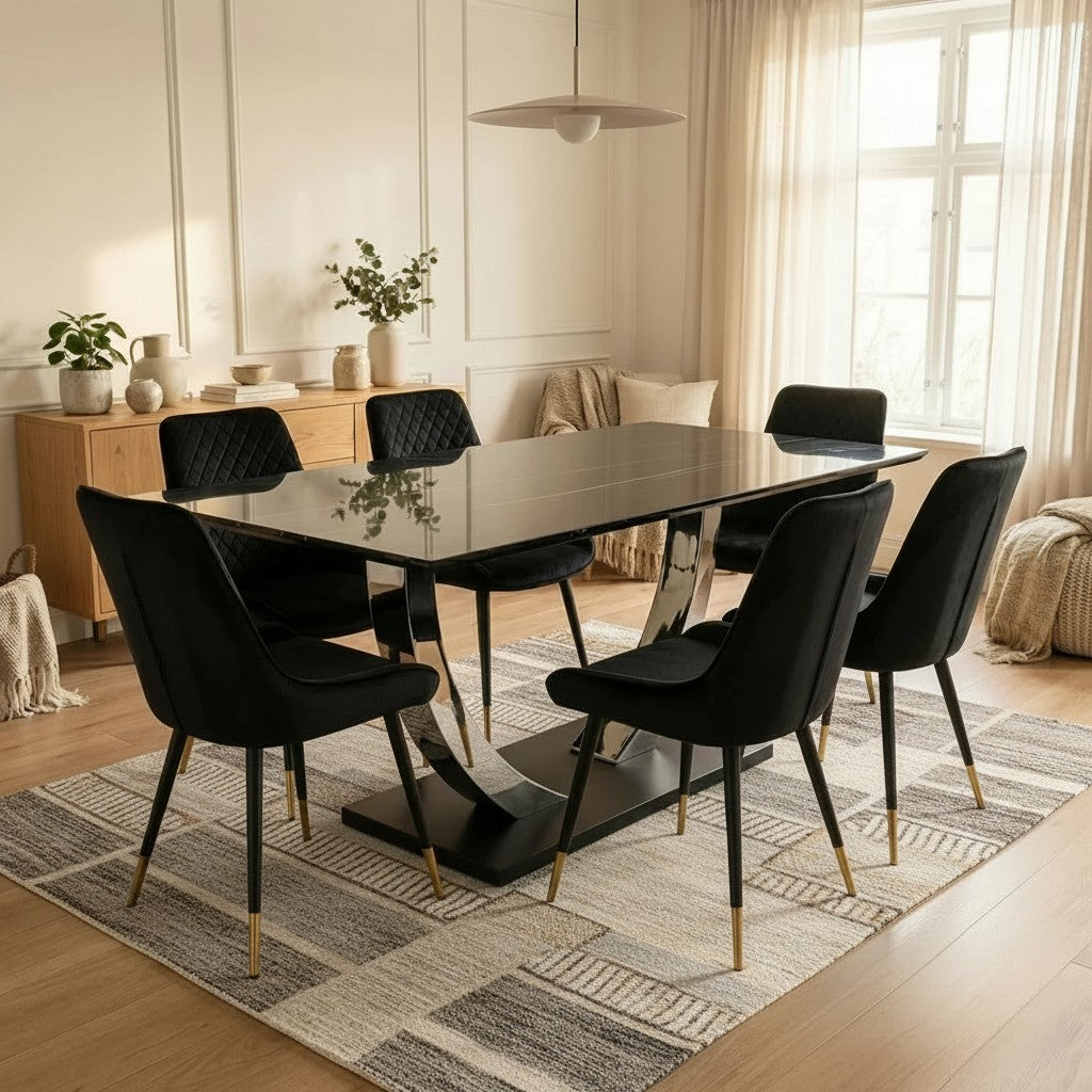 Luxury Valdemar 1.6m Black Sintered Stone Dining Set Chrome Pedestal Base With Lyder Velvet Chairs