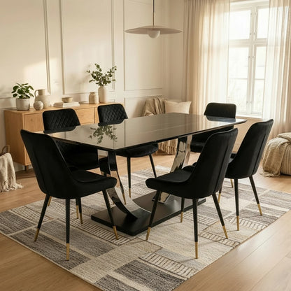 Luxury Valdemar 1.6m Black Sintered Stone Dining Set Chrome Pedestal Base With Lyder Velvet Chairs