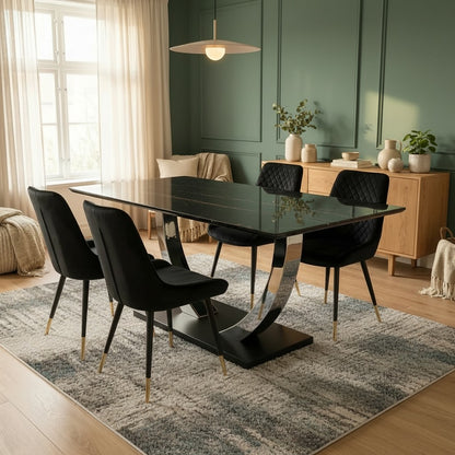Luxury Valdemar 1.6m Black Sintered Stone Dining Set Chrome Pedestal Base With Lyder Velvet Chairs