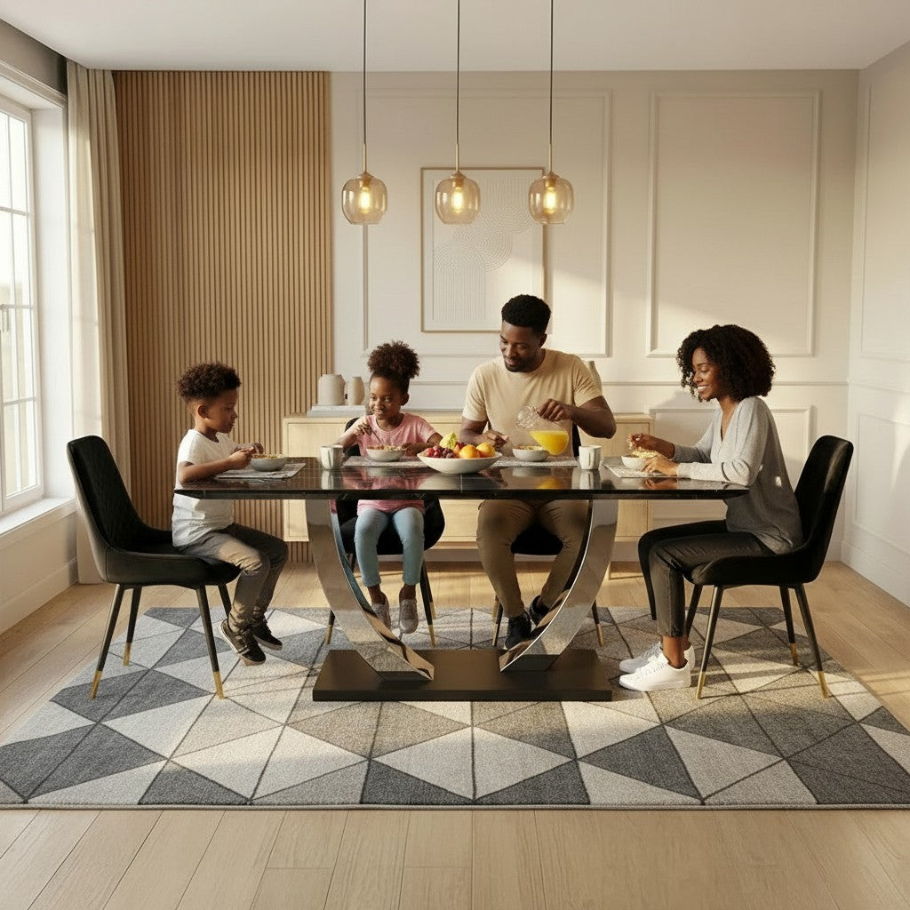 Luxury Valdemar 1.6m Black Sintered Stone Dining Set Chrome Pedestal Base With Lyder Velvet Chairs