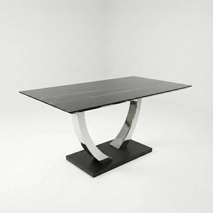 Luxury Valdemar 1.6m Black Sintered Stone Dining Set Chrome Pedestal Base With Niklas Leather Chairs