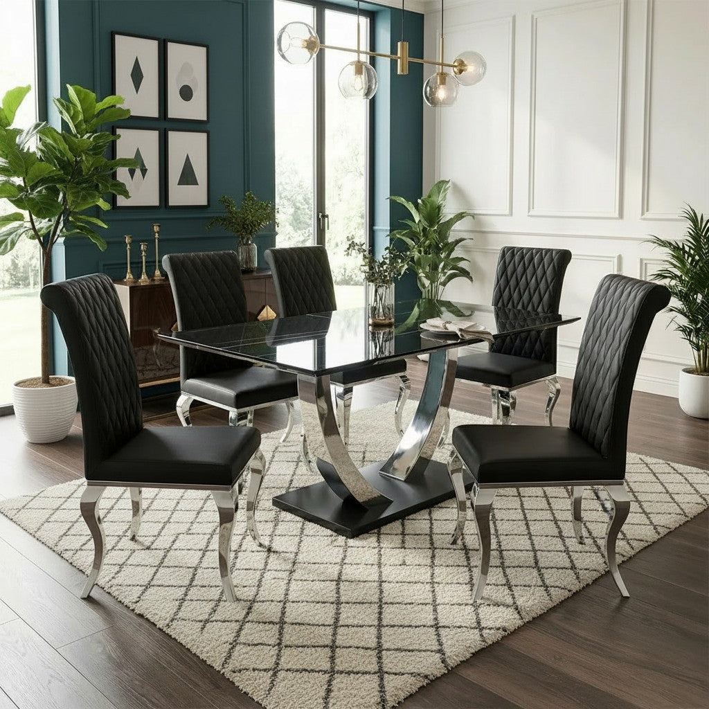 Luxury Valdemar 1.6m Black Sintered Stone Dining Set Chrome Pedestal Base With Niklas Leather Chairs