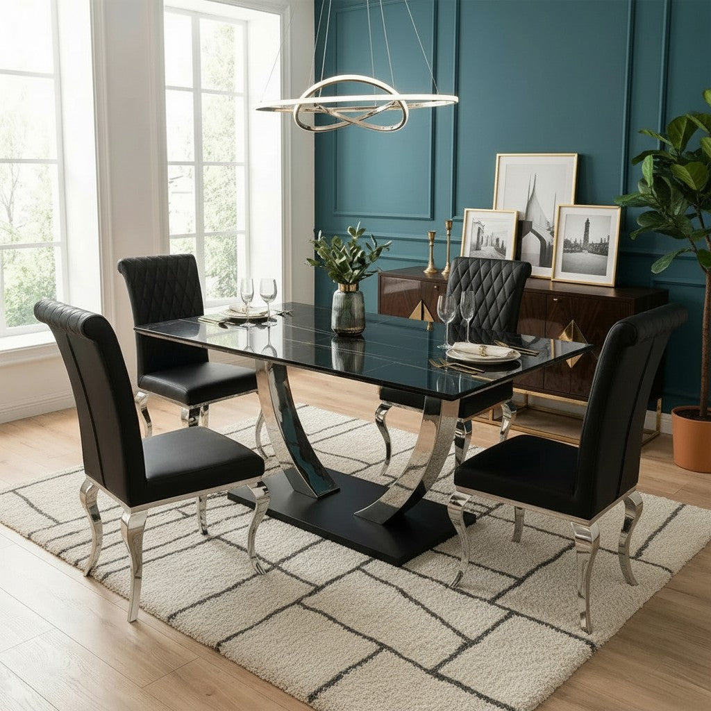 Luxury Valdemar 1.6m Black Sintered Stone Dining Set Chrome Pedestal Base With Niklas Leather Chairs