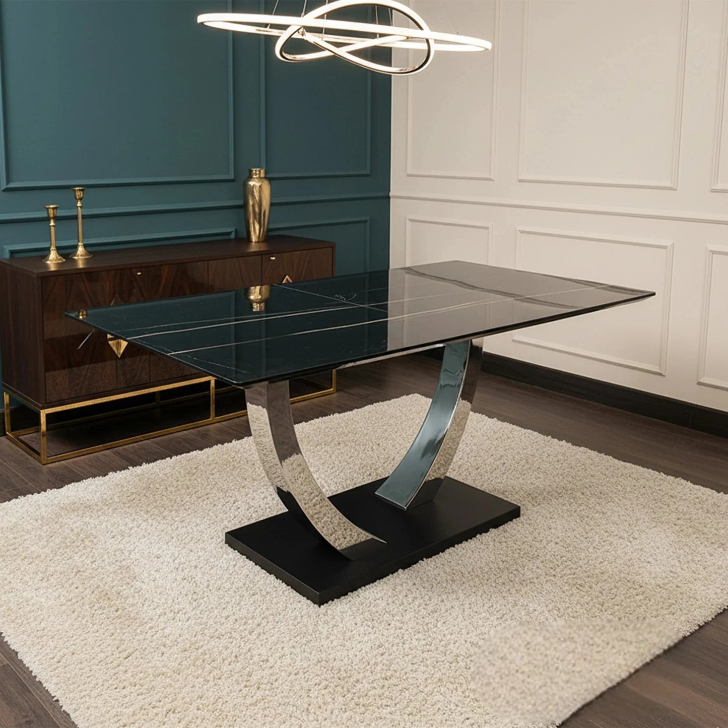 Luxury Valdemar 160cm Black Sintered Stone Dining Table With Chrome Pedestal Leg Base