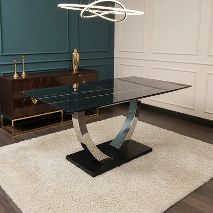 Luxury Valdemar 160cm Black Sintered Stone Dining Table With Chrome Pedestal Leg Base