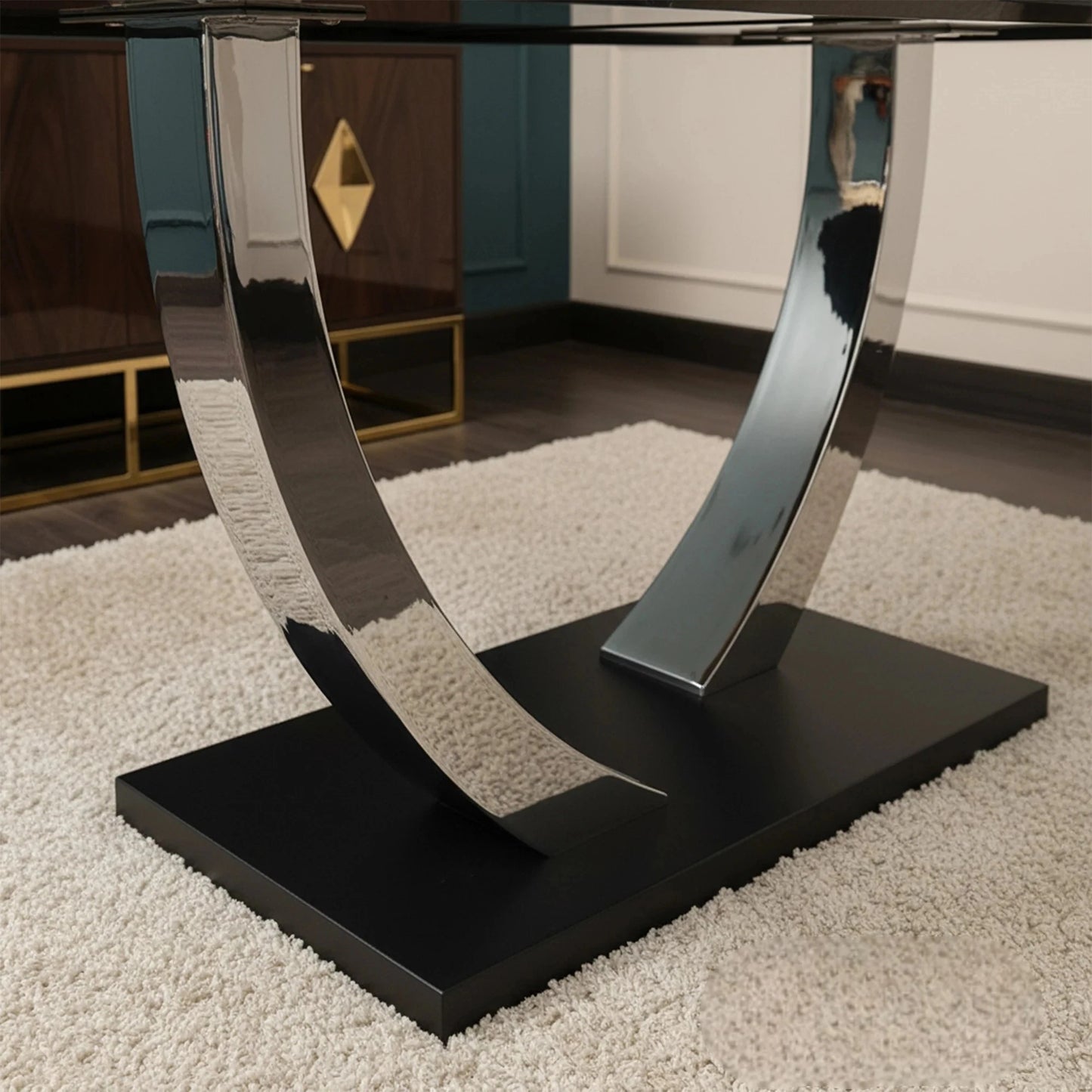 Luxury Valdemar 160cm Black Sintered Stone Dining Table With Chrome Pedestal Leg Base