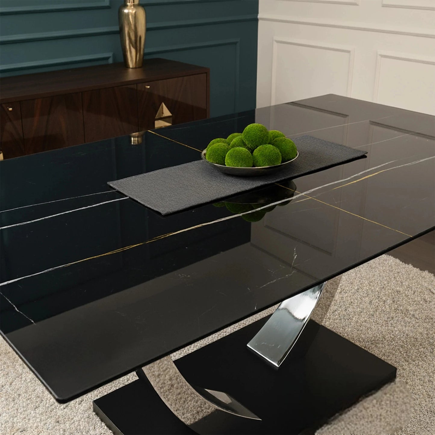 Luxury Valdemar 160cm Black Sintered Stone Dining Table With Chrome Pedestal Leg Base