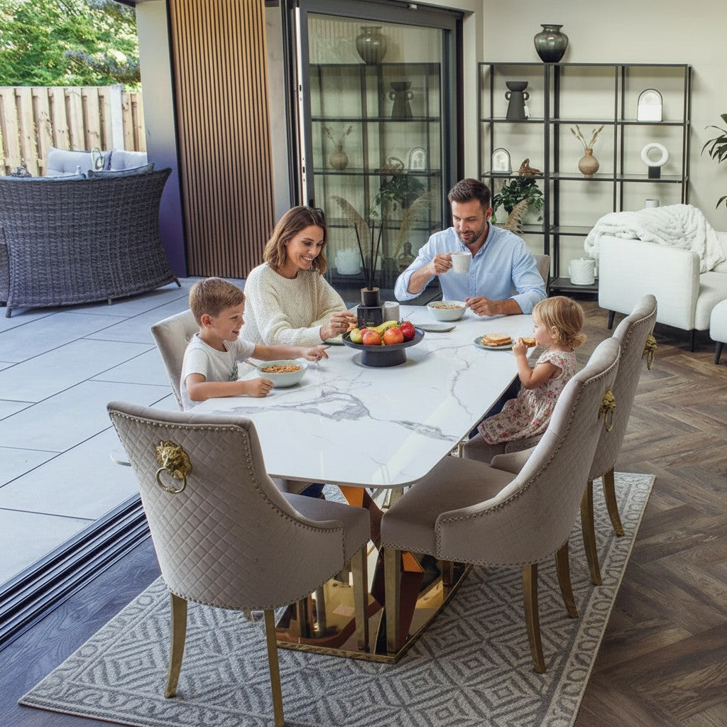 Luxury Vittoria 1.8m Slimline Gold Dining Set White Sintered Stone Table With Henrik Velvet Chairs