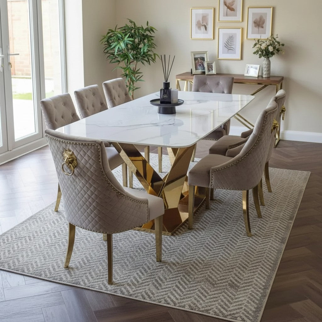 Luxury Vittoria 1.8m Slimline Gold Dining Set White Sintered Stone Table With Henrik Velvet Chairs