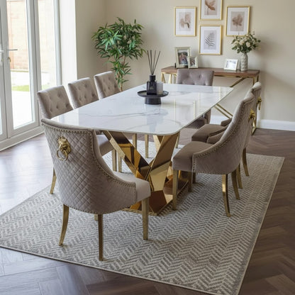 Luxury Vittoria 1.8m Slimline Gold Dining Set White Sintered Stone Table With Henrik Velvet Chairs