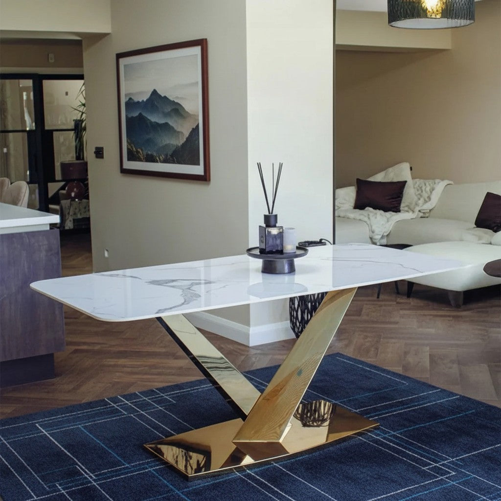 Luxury Vittoria 1.8m Slimline Gold Dining Set White Sintered Stone Table With Henrik Velvet Chairs