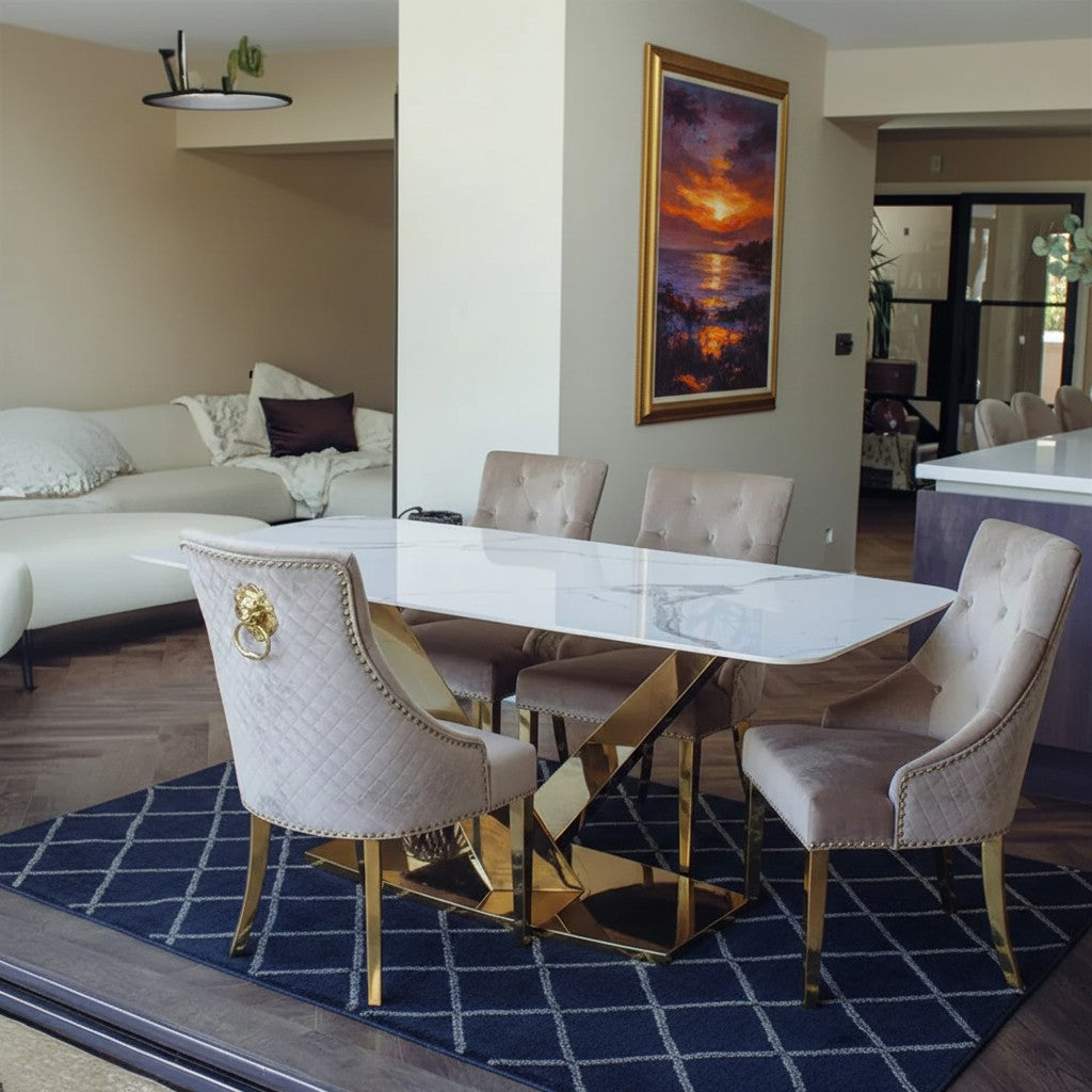 Luxury Vittoria 1.8m Slimline Gold Dining Set White Sintered Stone Table With Henrik Velvet Chairs
