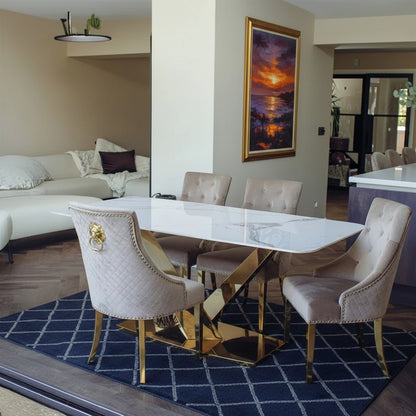 Luxury Vittoria 1.8m Slimline Gold Dining Set White Sintered Stone Table With Henrik Velvet Chairs