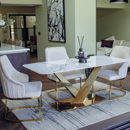 Luxury Vittoria 1.8m Slimline Gold Dining Set White Sintered Stone Table With Olivia Velvet Chairs
