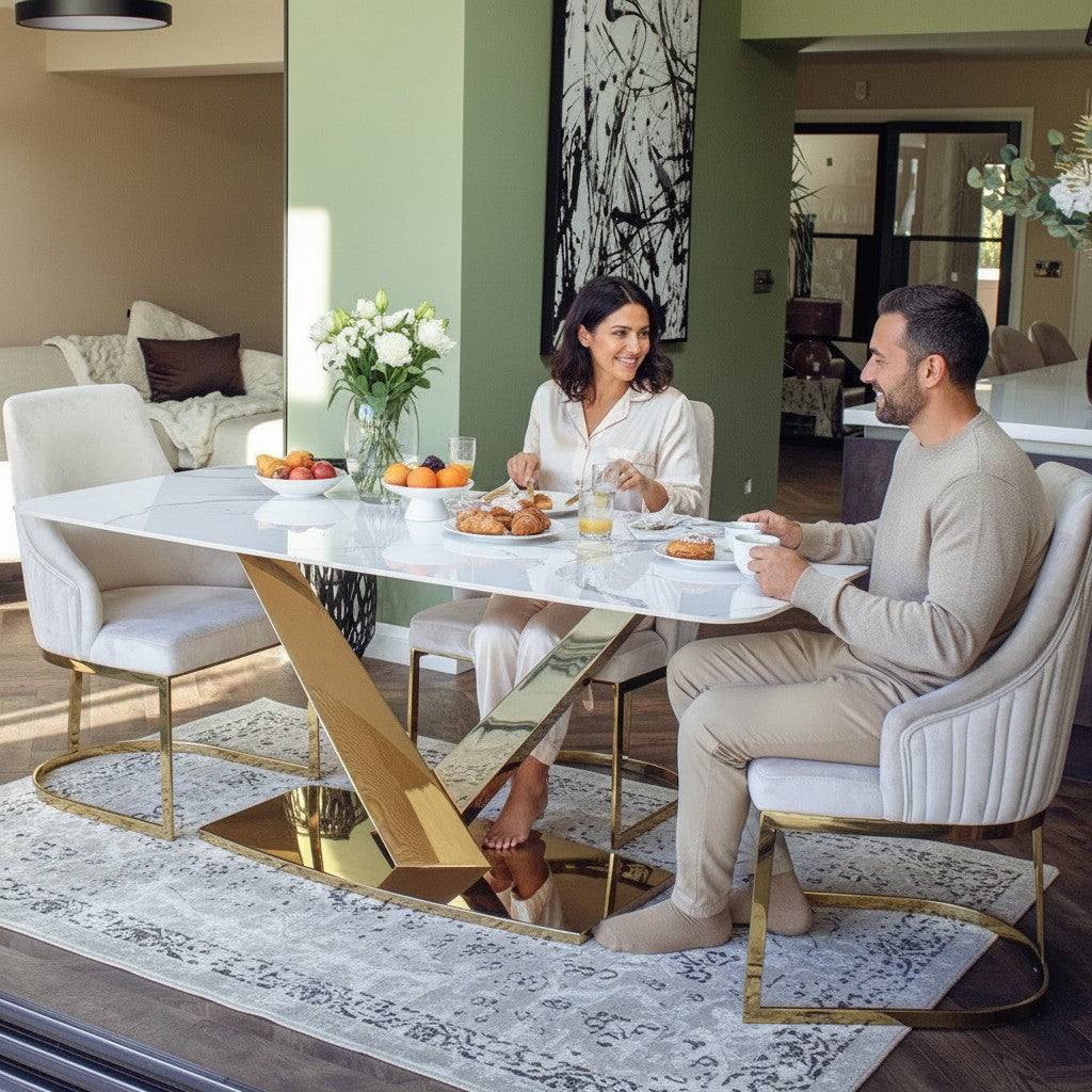 Luxury Vittoria 1.8m Slimline Gold Dining Set White Sintered Stone Table With Olivia Velvet Chairs