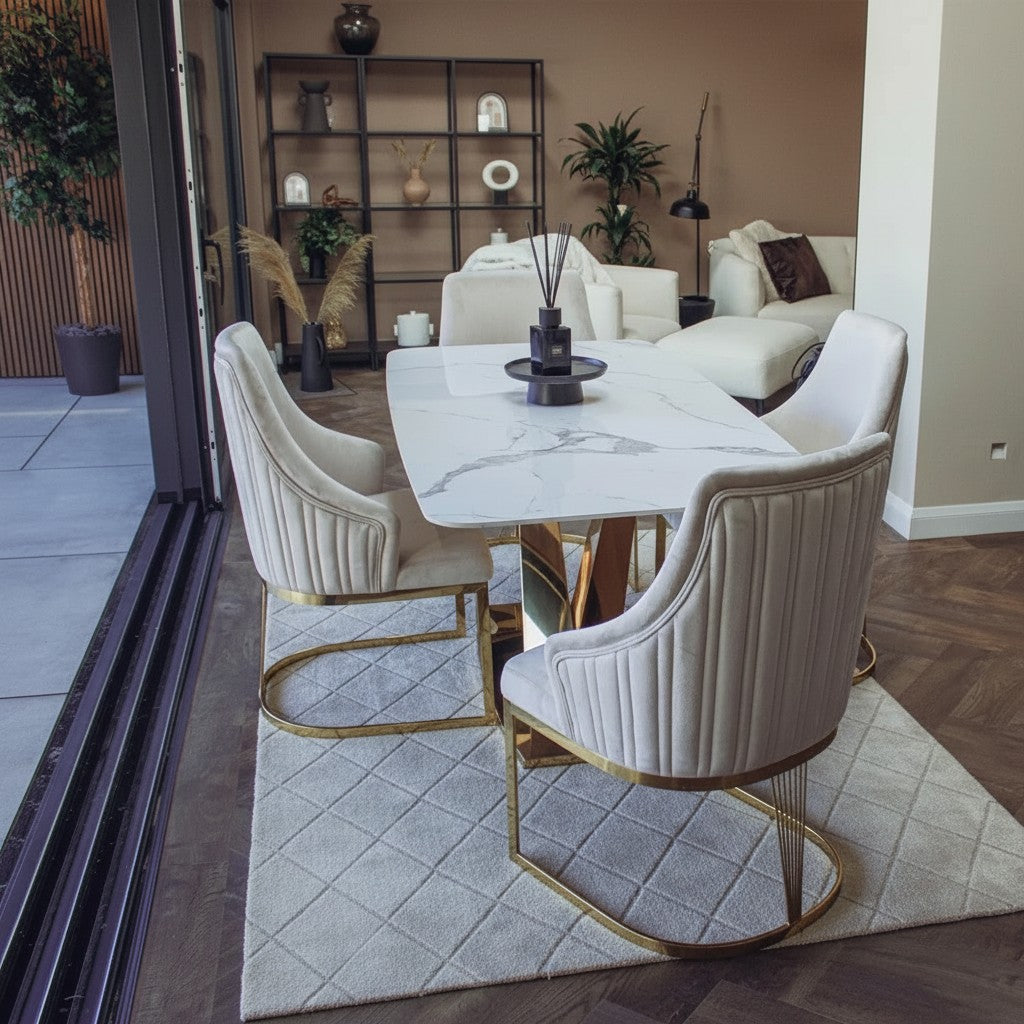 Luxury Vittoria 1.8m Slimline Gold Dining Set White Sintered Stone Table With Olivia Velvet Chairs