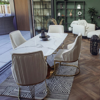 Luxury Vittoria 1.8m Slimline Gold Dining Set White Sintered Stone Table With Olivia Velvet Chairs